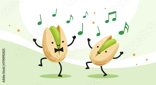 Joyful Pistachios Grooving To Melodies With Musical Notes and Animated Cheerfulness