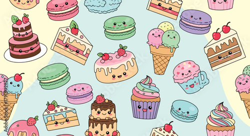Flat vector seamless pattern of cute desserts including cupcakes, macarons, and cakes. Solid pastel palette, no gradients, kawaii bakery style, perfect for packaging and textiles
