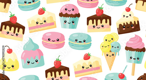 Flat vector seamless pattern of cute desserts including cupcakes, macarons, and cakes. Solid pastel palette, no gradients, kawaii bakery style, perfect for packaging and textiles