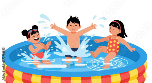 Joyful Kids Splashing And Playing In A Colorful Backyard Inflatable Pool Scene