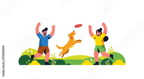 Joyful Moment: Friends Playfully Engaging with Pet Dog and Frisbee in Lush Environment