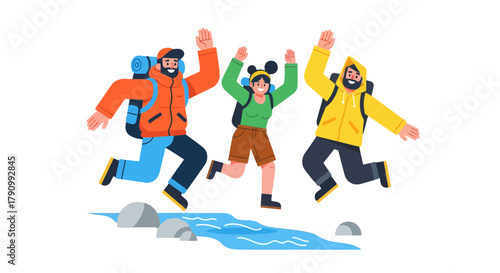 Joyful Hikers Jumping Over Water: A Vibrant Illustration of Adventure and Friendship