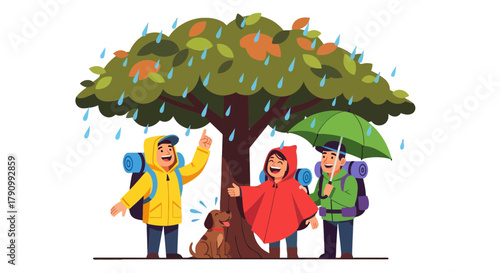 Joyful Hikers Outdoors During A Rainstorm Seeking Shelter Under A Tree's Canopy