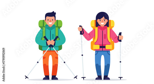 Joyful Hikers Prepared For Adventure With Backpacks And Trekking Poles On Black Background