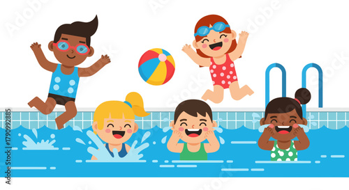 Joyful Illustration Captures Summer Fun: Children Playing, Swimming, and Enjoying Water