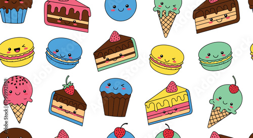 Flat vector seamless pattern of cute desserts including cupcakes, macarons, and cakes. Solid pastel palette, no gradients, kawaii bakery style, perfect for packaging and textiles