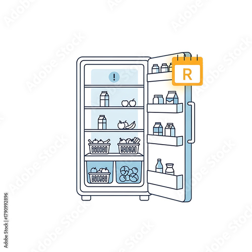 Open refrigerator with groceries and medicine bottles.