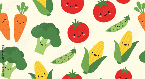 Flat vector seamless pattern of smiling vegetables like carrot, broccoli, and corn. Solid soft tones, no gradients, kawaii organic design, ideal for packaging and food branding