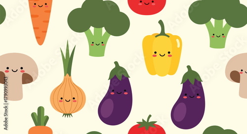 Flat vector seamless pattern of smiling vegetables like carrot, broccoli, and corn. Solid soft tones, no gradients, kawaii organic design, ideal for packaging and food branding