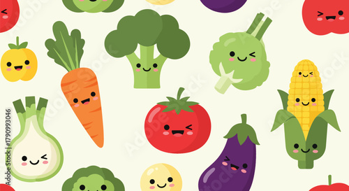 Flat vector seamless pattern of smiling vegetables like carrot, broccoli, and corn. Solid soft tones, no gradients, kawaii organic design, ideal for packaging and food branding