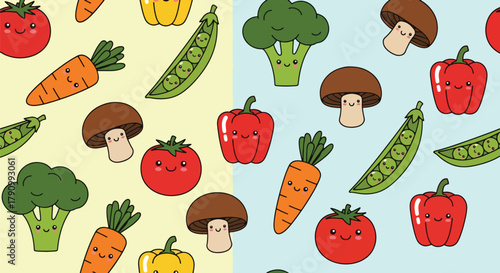 Flat vector seamless pattern of smiling vegetables like carrot, broccoli, and corn. Solid soft tones, no gradients, kawaii organic design, ideal for packaging and food branding
