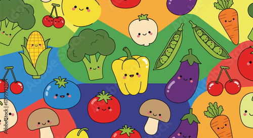 Flat vector seamless pattern of smiling vegetables like carrot, broccoli, and corn. Solid soft tones, no gradients, kawaii organic design, ideal for packaging and food branding