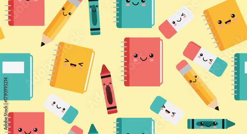 Flat vector seamless pattern of smiling pencils, notebooks, crayons, and erasers. Solid pastel colors, kawaii theme, no gradients, perfect for stationery and children’s branding