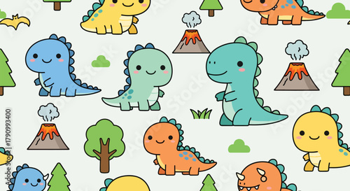Flat vector seamless pattern of cute baby dinosaurs with trees, eggs, and volcano shapes. Solid bright colors, no gradients, kawaii prehistoric theme, perfect for kids design