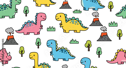 Flat vector seamless pattern of cute baby dinosaurs with trees, eggs, and volcano shapes. Solid bright colors, no gradients, kawaii prehistoric theme, perfect for kids design