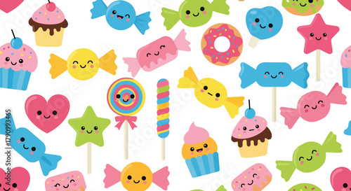 Flat vector seamless pattern of colorful candies, lollipops, and sweets with cute faces. Solid bright tones, no gradients, kawaii confectionery theme, perfect for packaging