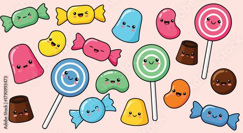 Flat vector seamless pattern of colorful candies, lollipops, and sweets with cute faces. Solid bright tones, no gradients, kawaii confectionery theme, perfect for packaging