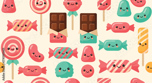 Flat vector seamless pattern of colorful candies, lollipops, and sweets with cute faces. Solid bright tones, no gradients, kawaii confectionery theme, perfect for packaging