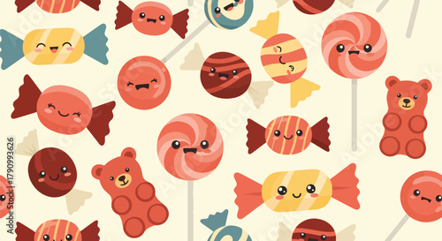 Flat vector seamless pattern of colorful candies, lollipops, and sweets with cute faces. Solid bright tones, no gradients, kawaii confectionery theme, perfect for packaging