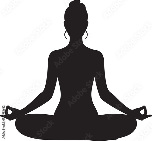 black silhouette of a woman seated in a meditation pose. Vector Black silhouettes. with white background