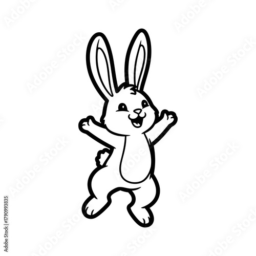 Joyful cartoon bunny character with arms raised in excitement and celebration
