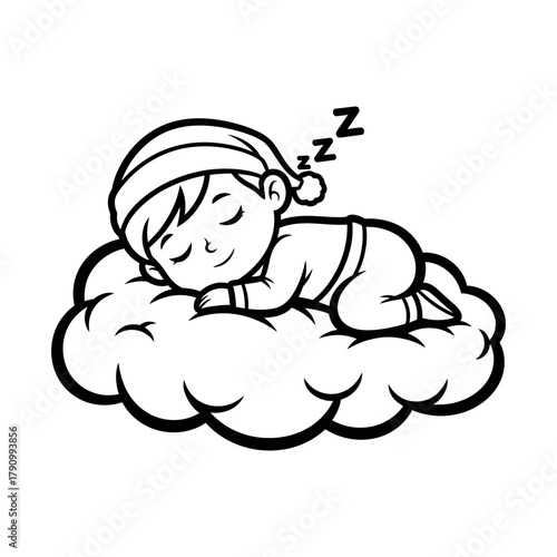 Cute cartoon baby sleeping peacefully on a fluffy cloud wearing a nightcap