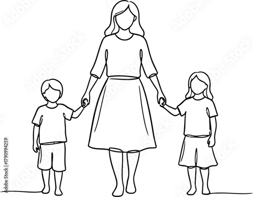 Simple sketch of a mother holding hands with her two children
