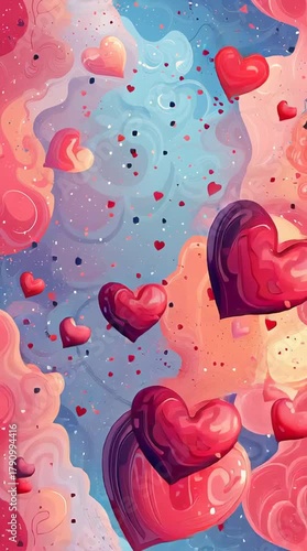 Colorful Abstract Hearts Background: Vibrant Digital Art for Valentine's Day Romance and Celebration