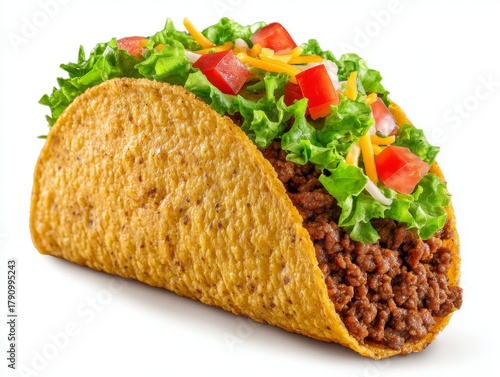 A single Mexican beef taco isolated on a white background