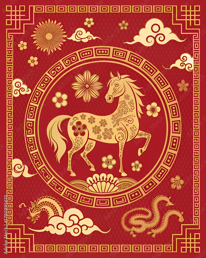 Fototapeta premium Red and gold background with elegant horse illustration and traditional Chinese motifs.