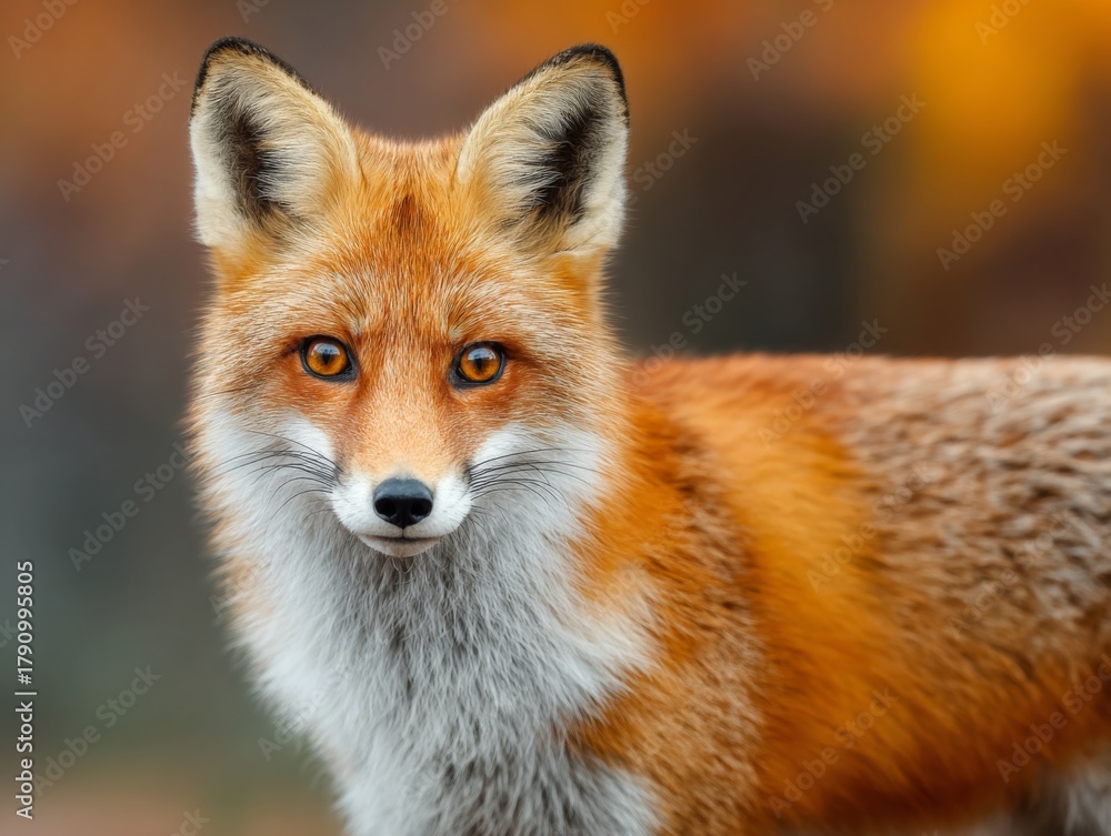 Obraz premium Red fox with an autumn foliage background in a wildlife photograph