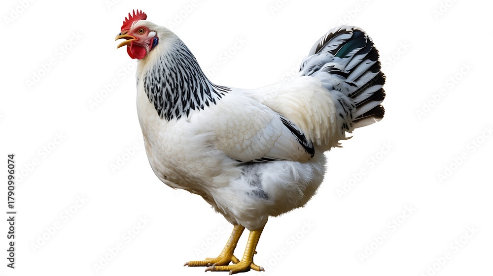 Fototapeta premium White domestic hen with red comb standing and clucking isolated