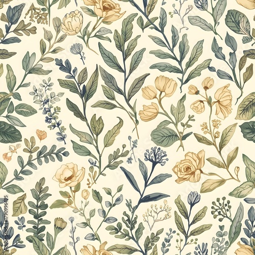 Hand drawn herbal sketch seamless pattern for surface design Generative Ai