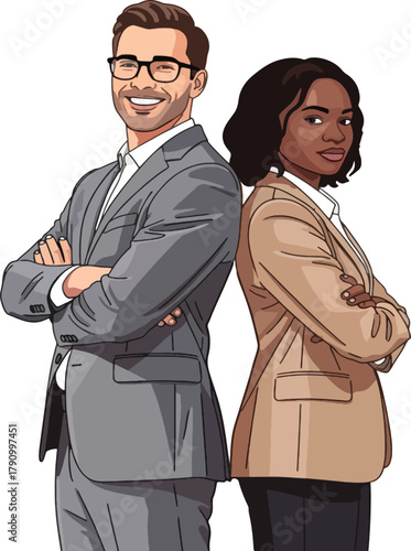 Two business professionals, a man and a woman, standing back to back