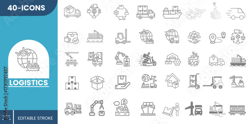 40 Modern Logistics Icons Collection for Transport, Shipping, Delivery, Cargo, Warehouse, Supply Chain, Inventory, Fleet, and Freight Operations – Editable Vectors.	
