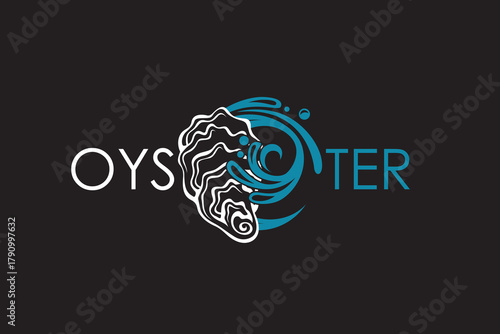 label of oyster shell with water splash isolated on black background