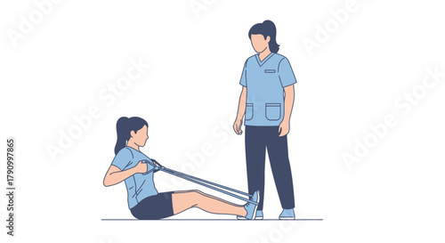 Physiotherapist supervising resistance band rowing exercise session for enhanced mobility and strength training, holistic wellbeing concept