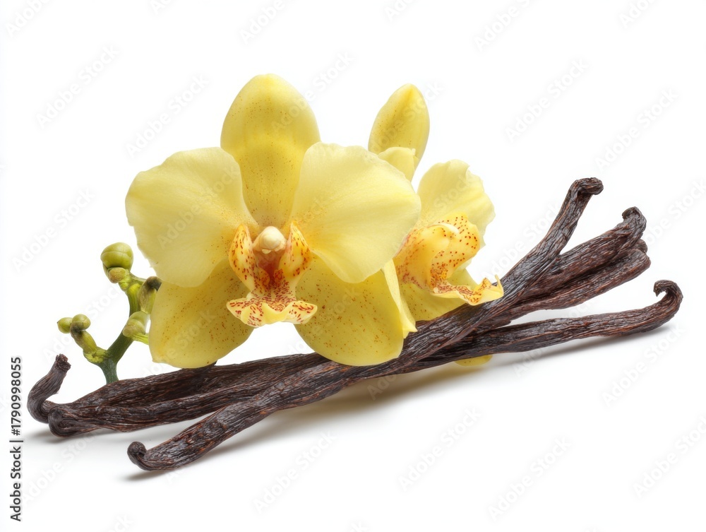 Fototapeta premium Yellow moth orchid flower and vanilla sticks isolated on white