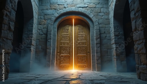 Ancient temple golden door shines brightly. Interior stone walls with arches surround portal. Mystic light glows from opening. Architectural details exhibit historical structure religious theme.