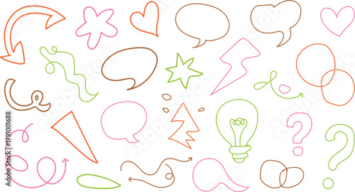A whimsical collection of hand drawn doodle elements including speech bubbles hearts stars lightbulbs ice cream cones and abstract shapes in a playful pastel color palette on a white background