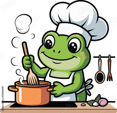 Adorable cartoon frog wearing a chef hat and apron enthusiastically stirring a pot of steaming food on a stovetop in a kitchen setting