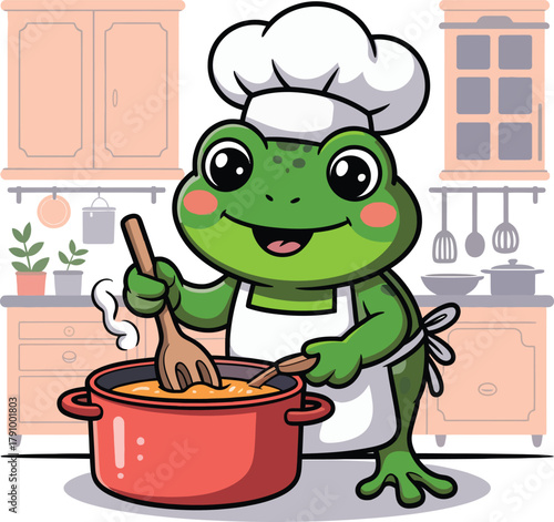 Adorable cartoon frog chef wearing a white hat and apron stirring a pot of food in a cozy kitchen with cabinets and utensils