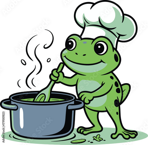 Adorable cartoon frog wearing a chef hat stirring a pot of soup or stew with a wooden spoon steam rising from the cooking food isolated on white background