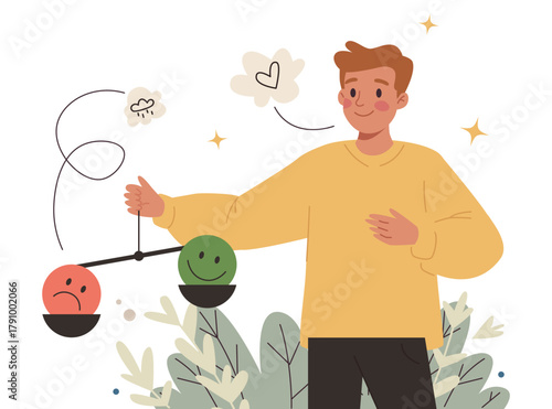 Young Man Balancing Positive and Negative Emotions