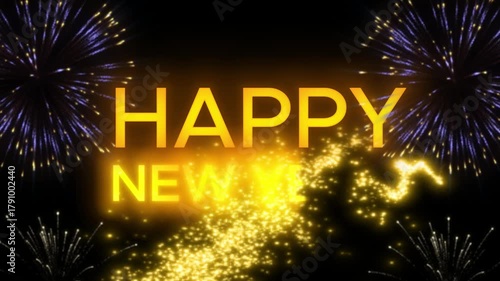 Vibrant Happy New Year Celebration, fireworks bloom in slow motion above a refined with Glowing Text, Colorful Fireworks, and Golden Glowing Text Particle Sparkles for a Festive Greeting.