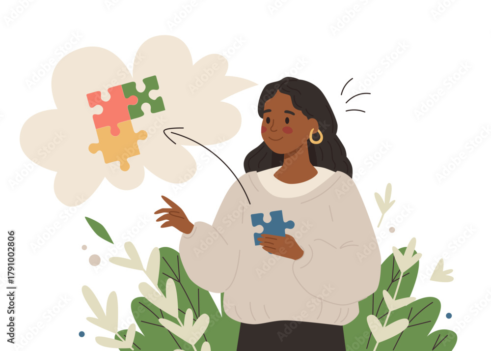 Obraz premium Woman Solving Puzzle for Mental Health Wellbeing.