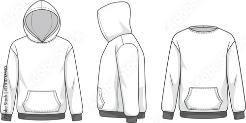 Front, side, and back hoodie sweatshirt flat sketch, fashion clothing technical template, unisex pullover vector illustration, casual streetwear design, cad drawing flat vector illustration