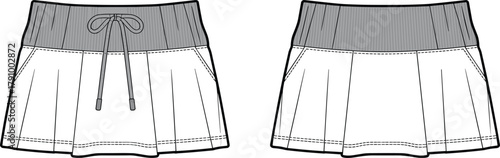 Girls pleated active skort with elastic waistband and drawcord pockets technical flat front and back template for sewing, cad drawing flat vector illustration