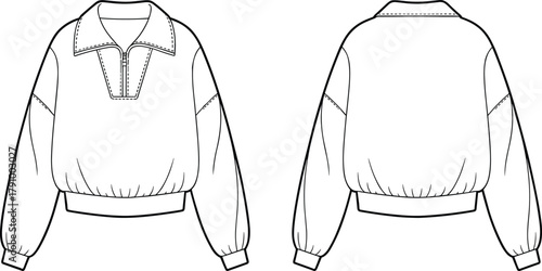 Half zip pullover sweatshirt flat sketch, long sleeve loose fit casual top CAD fashion design, unisex clothing vector template, apparel flat illustration