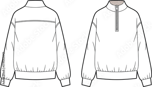 Half zip pullover sweatshirt technical flat, front and back fashion template, elastic hem cuffs, mock neck casual top, clean CAD garment illustration